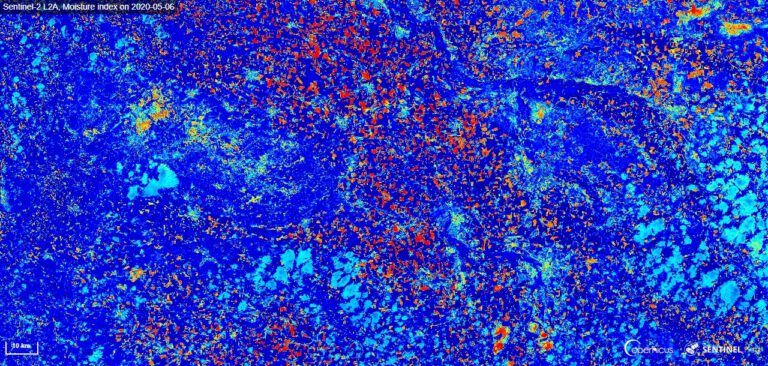 Sentinel-2 L2A, Moisture index on 2020-05-06, southern Germany