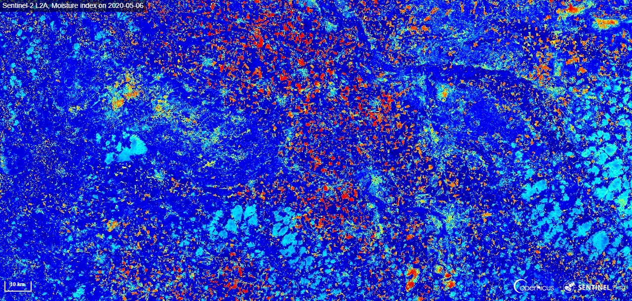 Sentinel-2 L2A, Moisture index on 2020-05-06, southern Germany